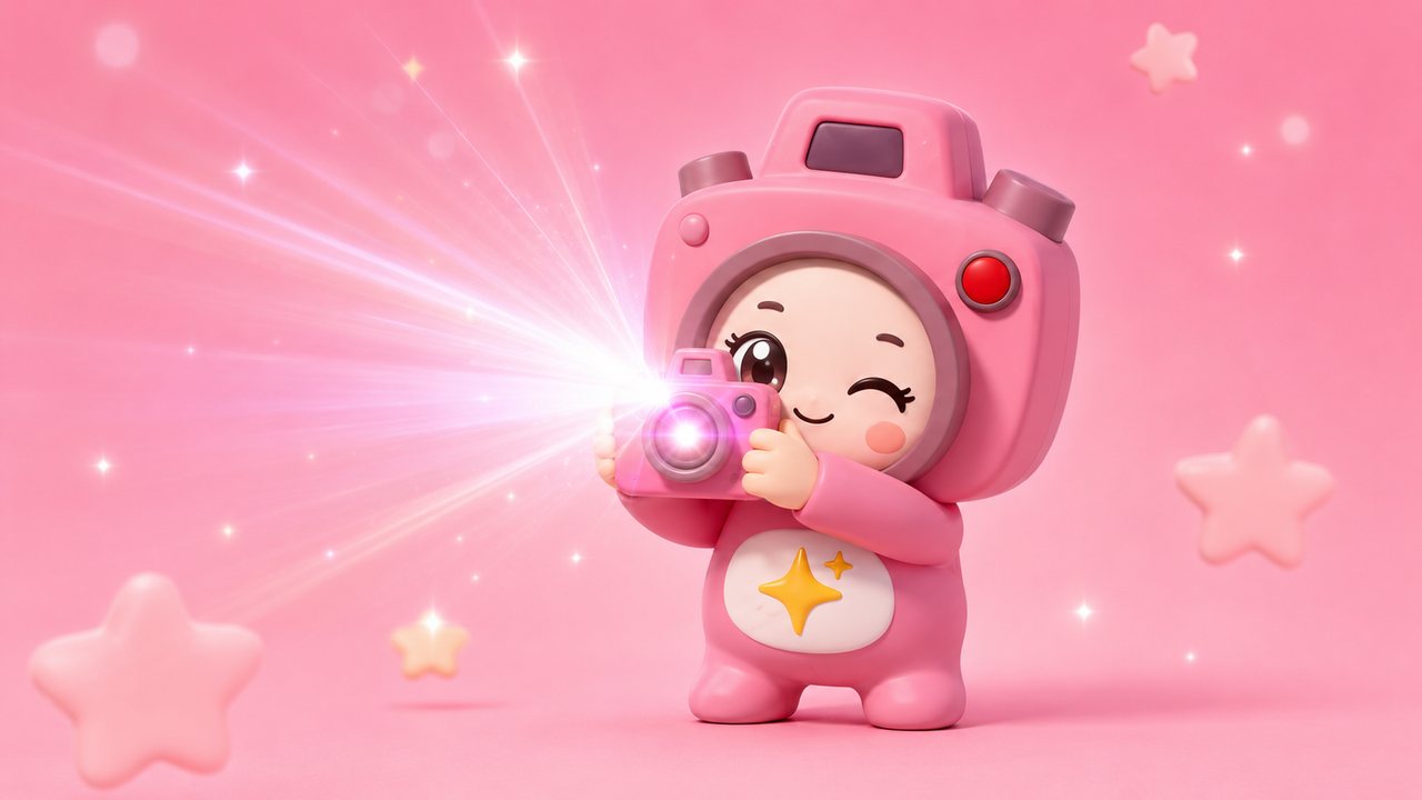 분홍색 카메라 모양 머리를 한 세미툰 캐릭터 포토가 작은 카메라로 빛을 쏘는 그림